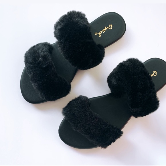 Black fuzzy fur slides slippers double band - Picture 5 of 11